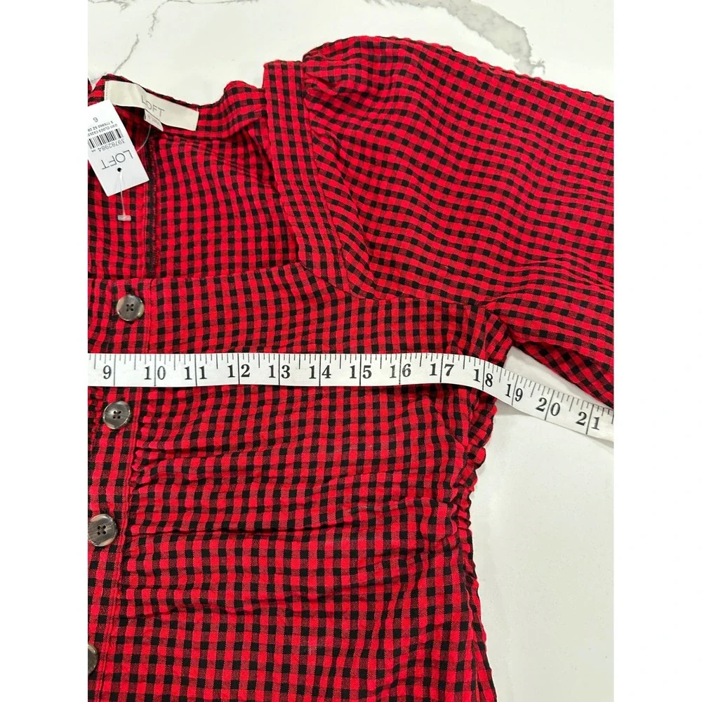 LOFT Red Black Gingham Check Square Neck Button Front‎ Puff Sleeve Blouse Size 6